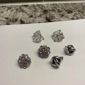 Lot Of 3 Silver Tone Costume Earrings Clip On Clip-on Mix Some Rhinestone